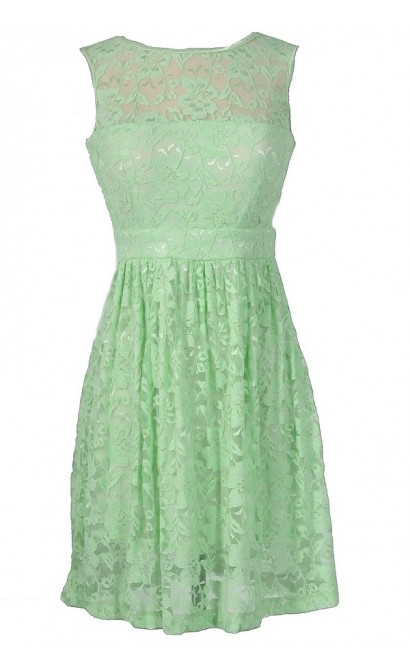 Sleeveless A-Line Lace Overlay Dress in Pale Green Lily Boutique