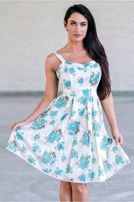 Jade Floral Print A-Line Dress, Cute Blue Summer Sundress Online Lily  Boutique