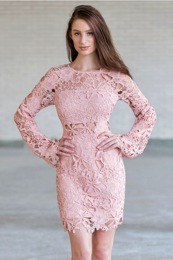 Pink Longsleeve lace Dress, Cute Pink Dress Lily Boutique