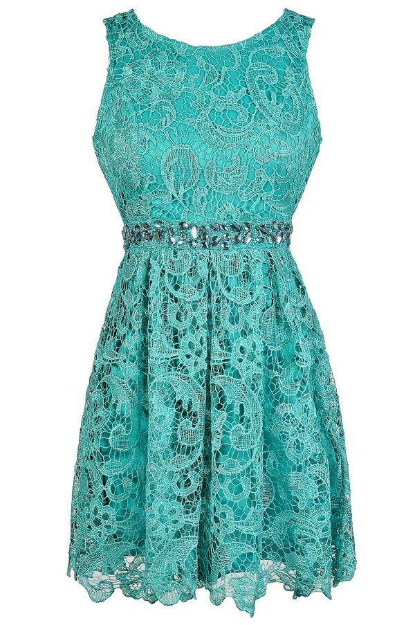 Teal Lace Rhinestone Dress, Teal Lace A-Line Dress, Cute Teal Lace ...