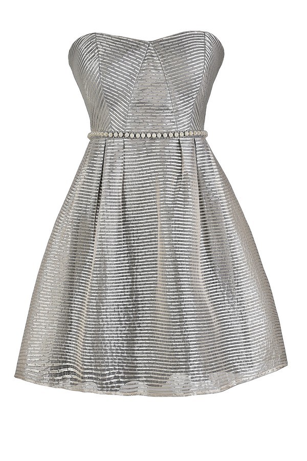 Grey A-Line Dress, Grey Pearl Stripe Dress, Grey Stripe Party Dress ...