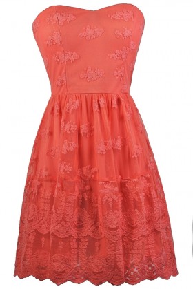 Cute Coral Pink Embroidered Dress, Coral Pink Strapless Party Dress, Coral Pink Cocktail Dress, Coral Pink Embroidered Sundress