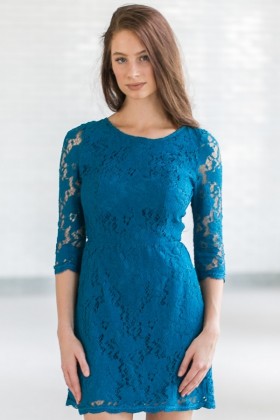 Turquoise Blue Lace Open Back Cocktail Party Dress