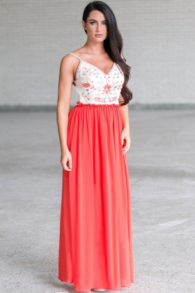Lotus Embroidered Open Back Maxi Dress in Coral Red