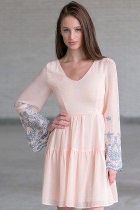 Angelic Hippie Embroidered Bell Sleeve Dress in Baby Peach