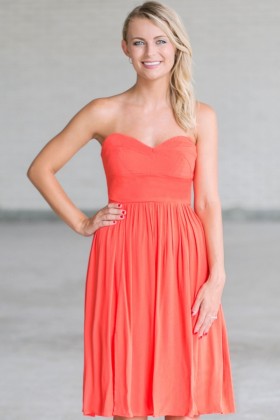 Rosalee Strapless Midi Dress in Orange Coral