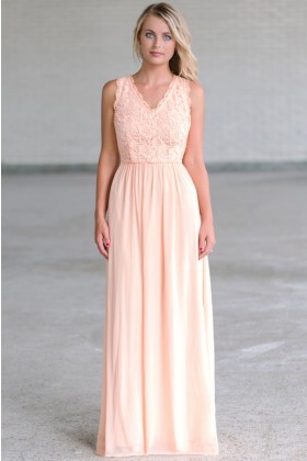 Peach Lace Maxi Dress Online, Cute Summer Dress, Peach Lace Bridesmaid Dress