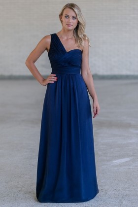 Navy Blue One Shoulder Maxi Formal Bridesmaid Dress