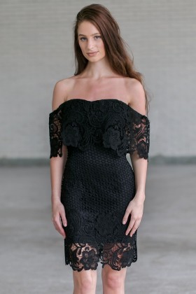 Black crochet lace off shoulder dress, Cute Little Black Dress Online