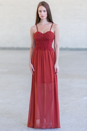 Rust Red Lace Maxi Dress, Cute Summer Maxi Dress Online