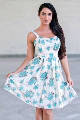 Jade Blue Floral Print Summer Sundress, Cute Juniors A-line Dress