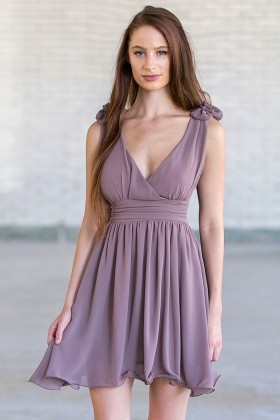Rosette Shoulder Dress in Lavender Grey