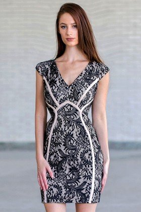 Classy Contrast Fabric Piping Capsleeve Lace Dress in Black/Beige