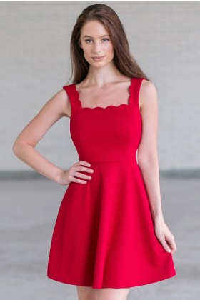 Red Scalloped A-Line Party Dress, Cute Red Holiday Dress
