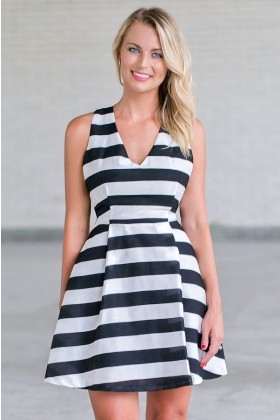 black and white stripe party dress, cute A-line dress 