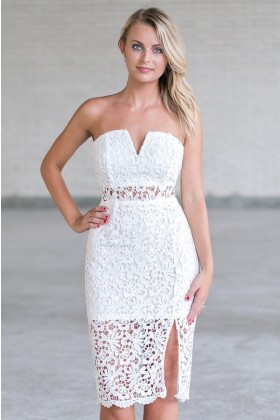 Cute White lace Strapless Midi Dress