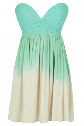 Cotton Candy Ombre Strapless Lace Bustier Dress in Green/Beige