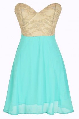 Strapless Floral Lace Bustier Dress in Jade/Taupe