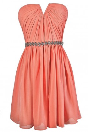 Cute Peach Dress, Peach Strapless Dress, Peach Bridesmaid Dress, Peach Party Dress, Peach Embellished Dress, Peach A-Line Dress