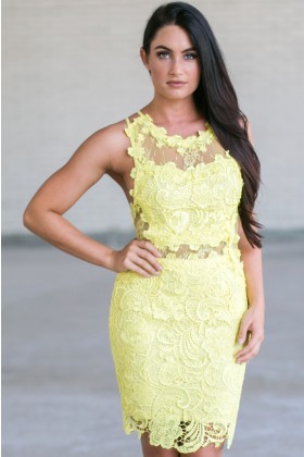 Bright Yellow Lace Cocktail Dress, Yellow Lace Bodycon Dress, Yellow Lace Party Dress Online