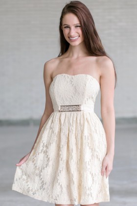 Beige Strapless Lace Dress, Cream Lace Rehearsal Dinner Dress, Lace Bridal Shower Dress